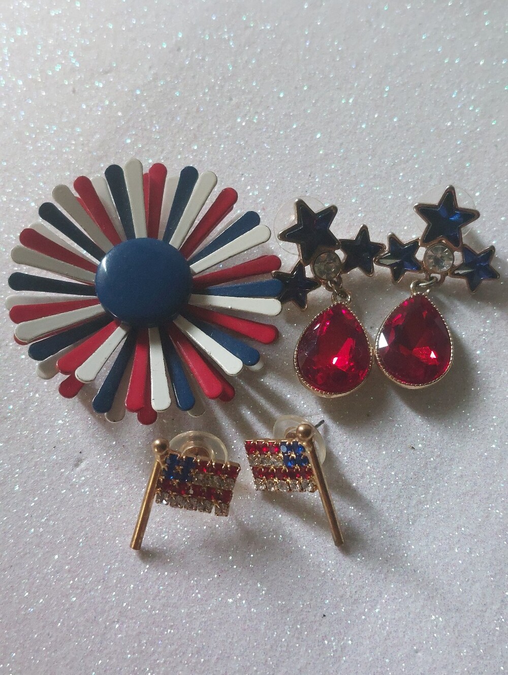Vintage American Flag, Stars & Drops Earrings & Red, White & Blue Brooch